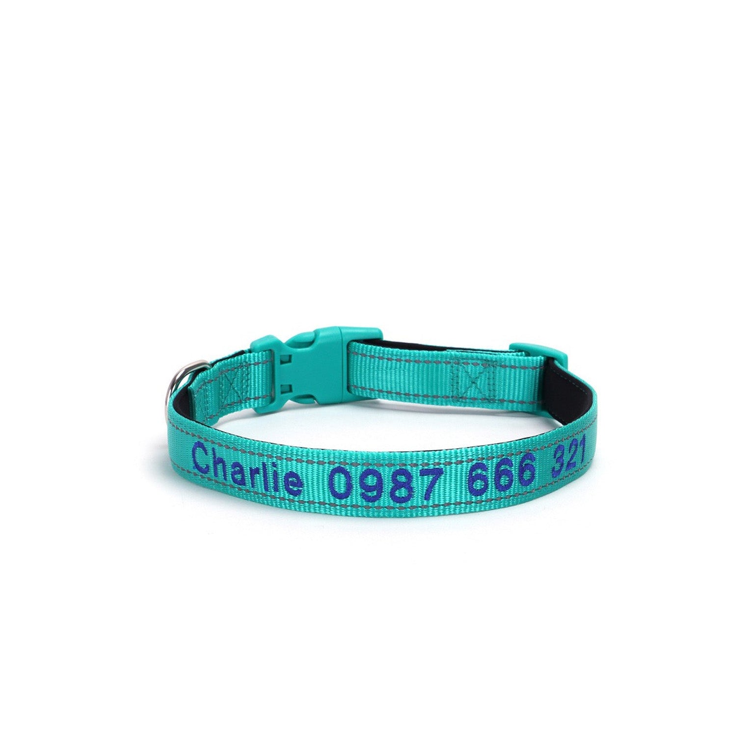 Custom embroidered reflective dog collar in Tiffany Blue, waterproof and anti-loss design
