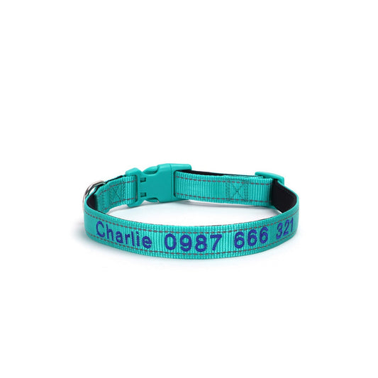 Embroidered reflective dog collar in sky blue with waterproof nylon and safety buckle