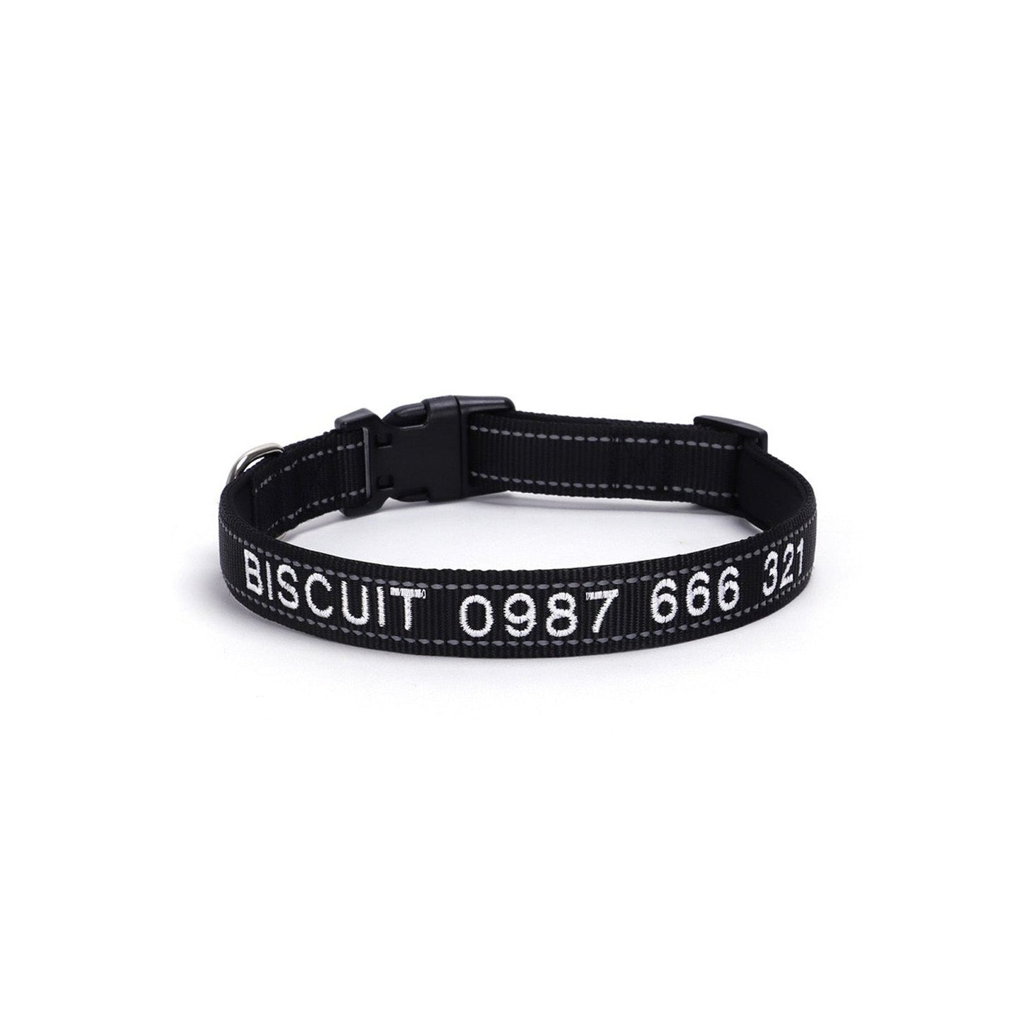 Embroidered reflective dog collar in black with customized name embroidery for pets