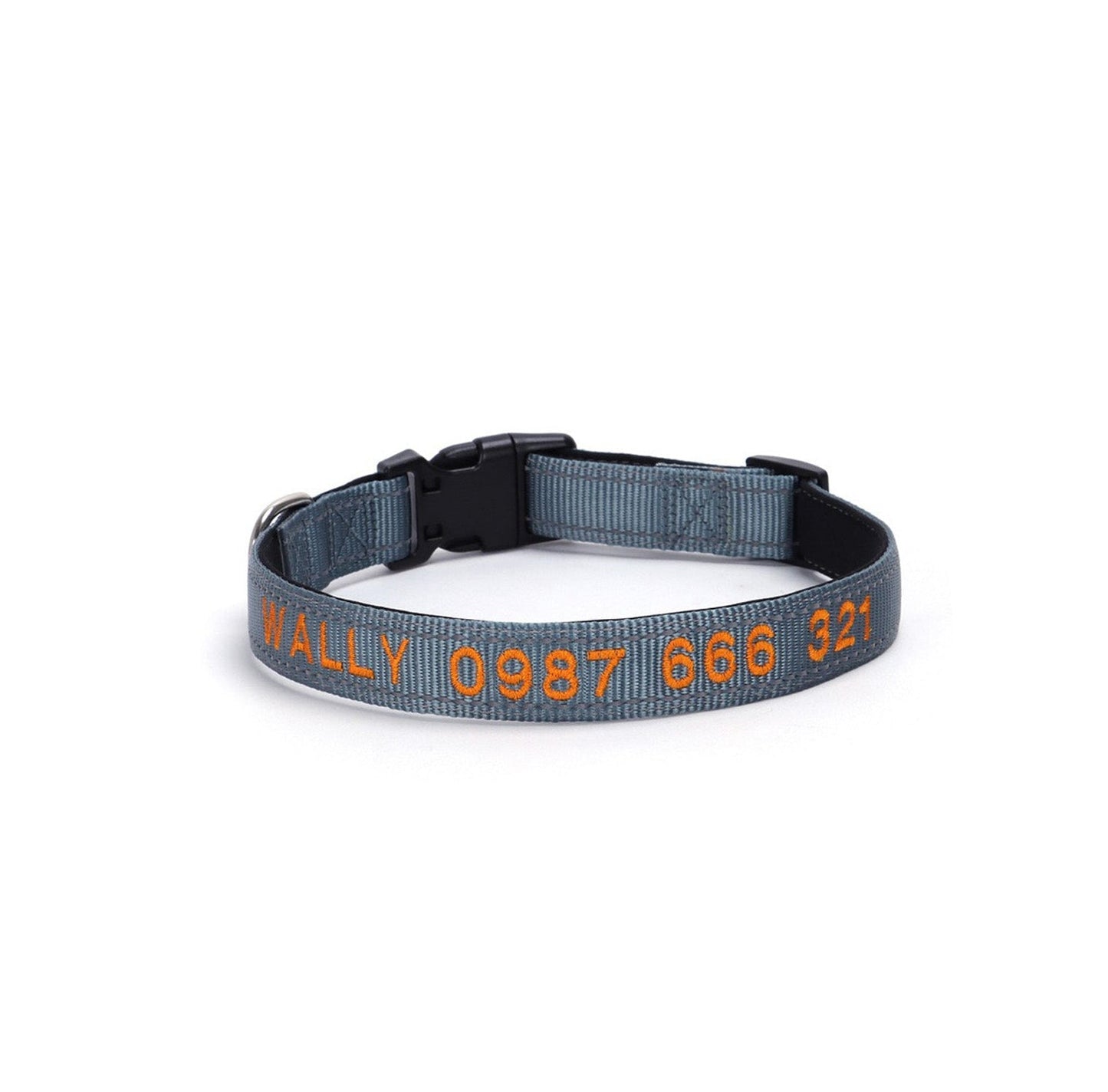 Personalized embroidered reflective dog collar in gray with durable nylon material