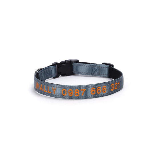 Personalized embroidered reflective dog collar in gray with durable nylon material