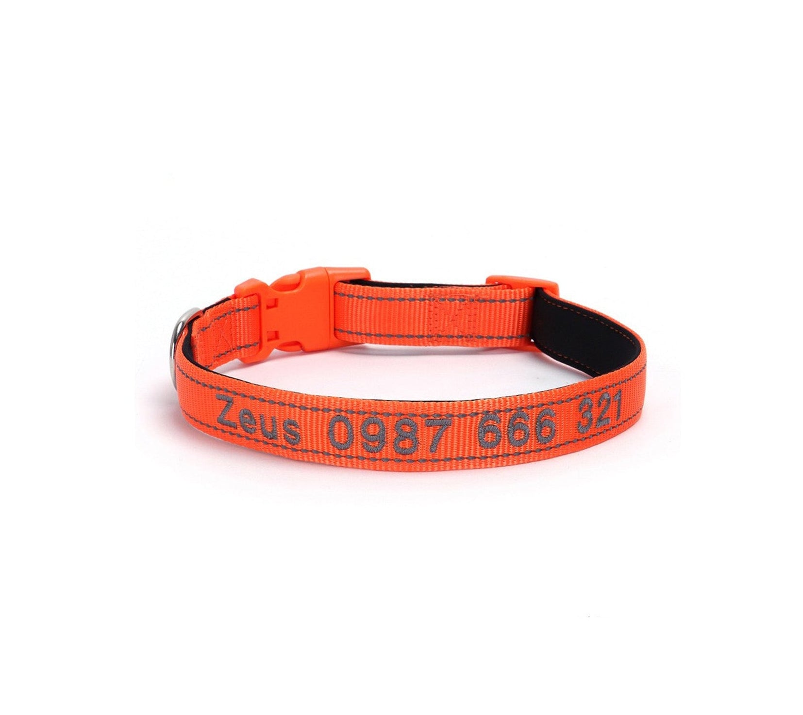 Custom embroidered reflective dog collar in orange, waterproof and anti-loss design