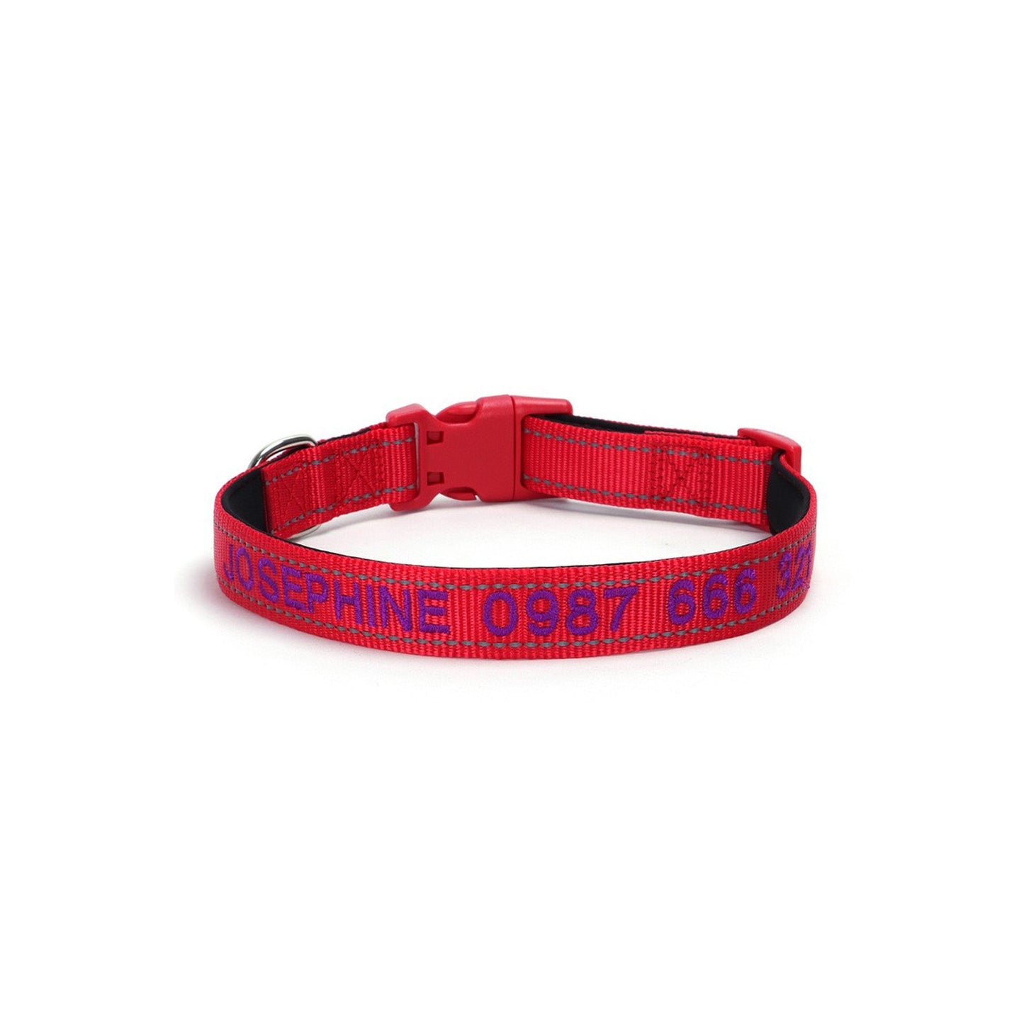Custom embroidered reflective dog collar in red, waterproof and anti-loss design