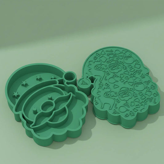 Green two-sided Christmas slow feeder bowl with raised Santa Claus motifs, promoting slower eating for dogs during the holidays.