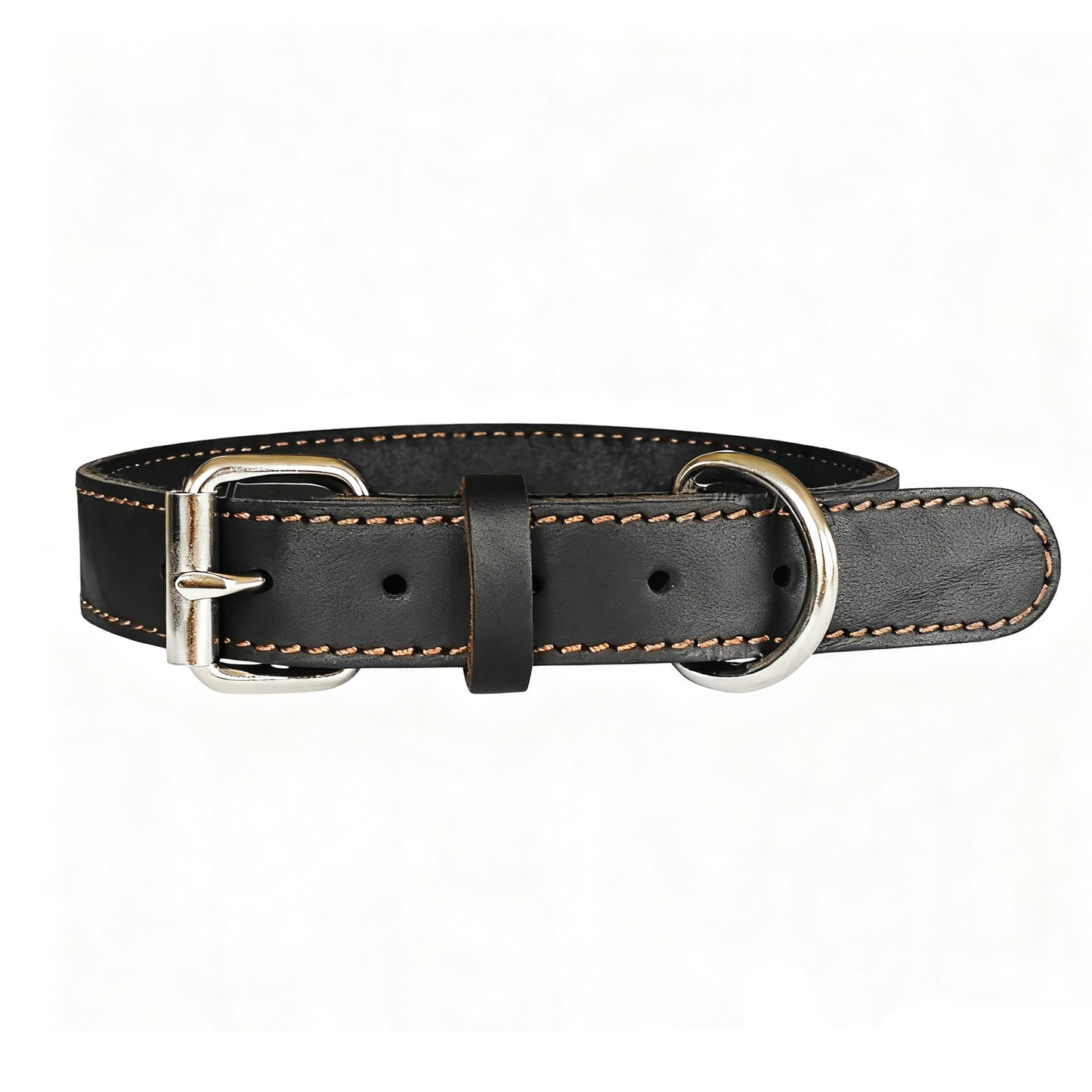 Wide leather dog collars in black with premium metal buckles and strong stitching
