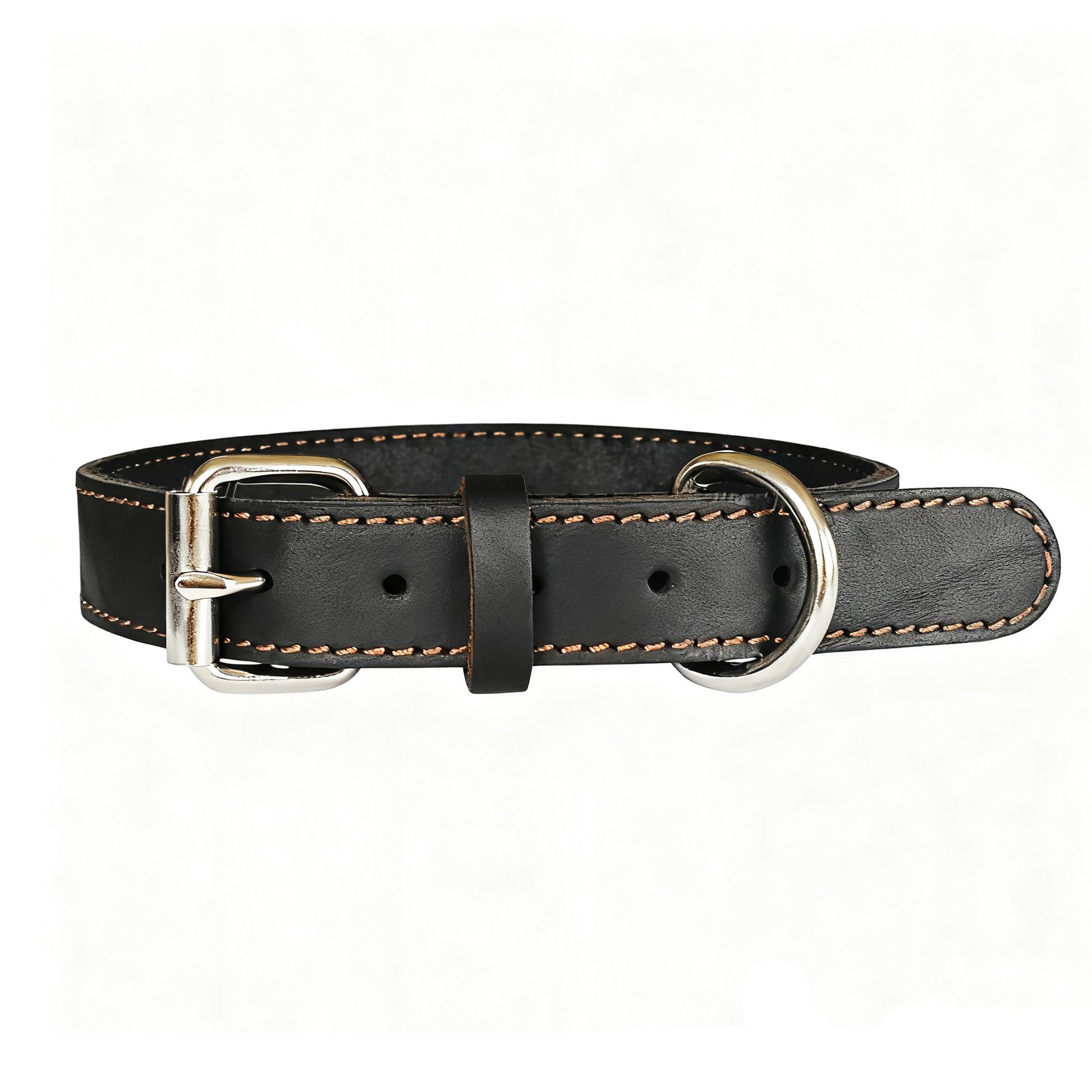 Wide leather dog collars in black with premium metal buckles and strong stitching