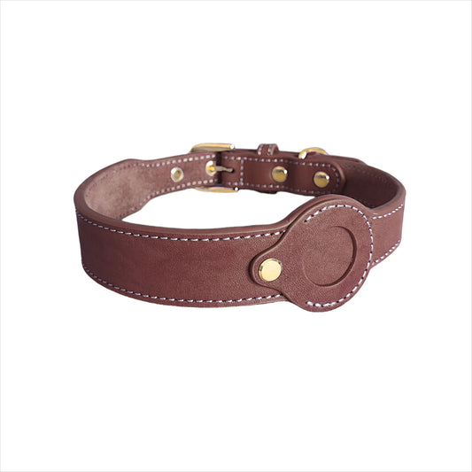 Leather dog collar with AirTag holder, featuring full-grain leather, zinc alloy buckle, refined stitching