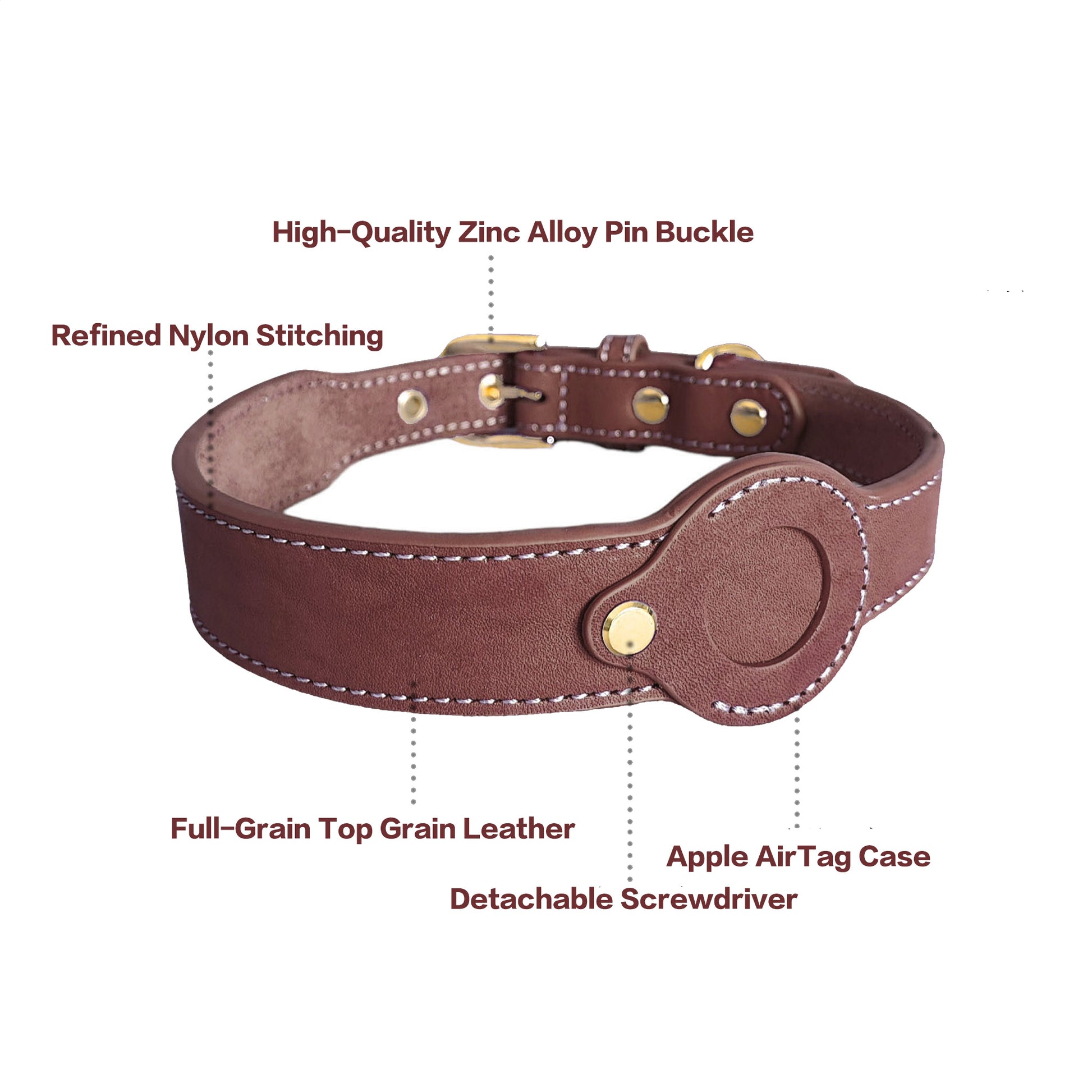 Leather dog collar with AirTag holder, featuring full-grain top leather, zinc alloy buckle, and refined nylon stitching