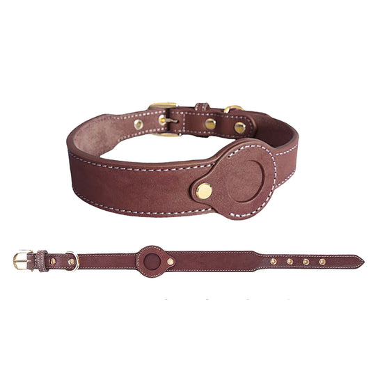 Leather dog collar with AirTag holder, featuring full-grain leather, zinc alloy buckle, refined stitching