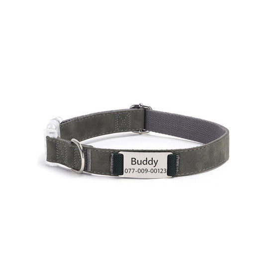 Custom engraved leather dog collar with pet name and contact number in gray