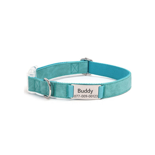 Personalized leather dog collar with engraved ID tag and adjustable buckle in green