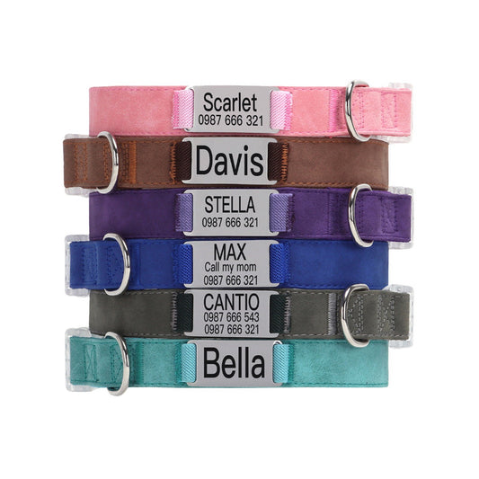 Personalized leather dog collar with engraved ID tag and adjustable buckle in blue