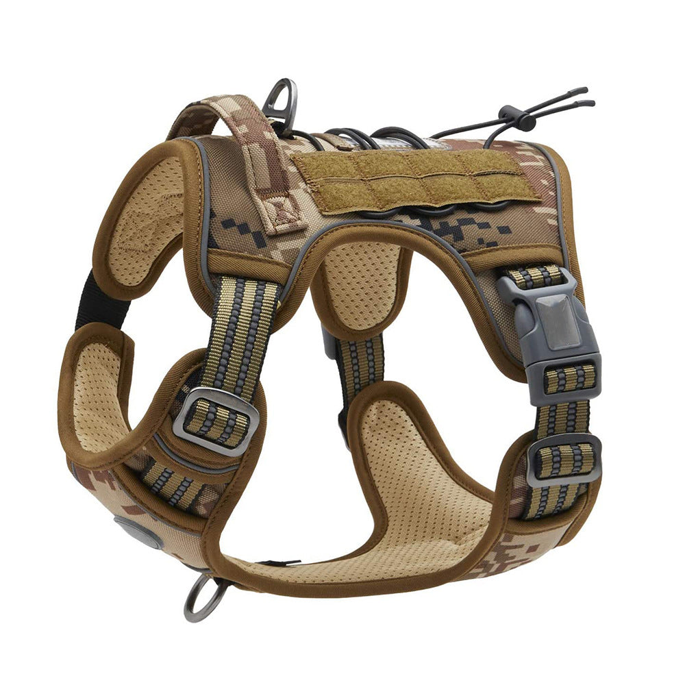 Large breed dog wearing Army green camouflageescape-proof harness with padded chest strap for added comfort