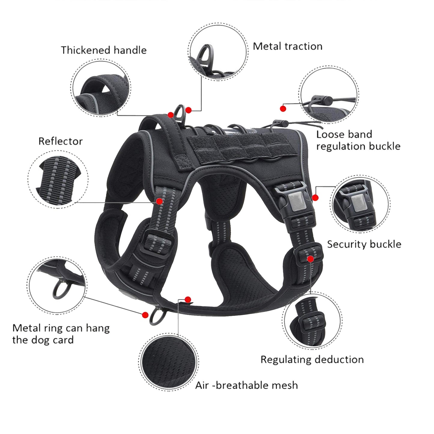 Tactical dog harness for large breeds with escape-proof design, featuring breathable mesh, metal traction ring, and adjustable security buckle