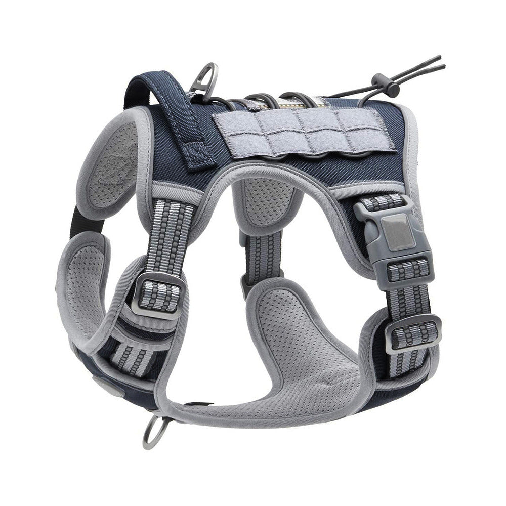 Tactical dog harness for large breeds with escape-proof design, featuring breathable mesh, metal traction ring, and adjustable security buckle-GRAY