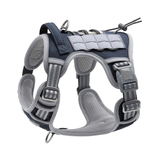 Tactical dog harness for large breeds with escape-proof design, featuring breathable mesh, metal traction ring, and adjustable security buckle-GRAY