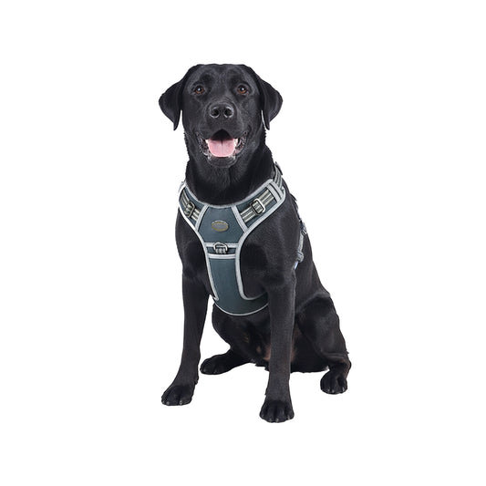 Tactical dog harness for large breeds with escape-proof design, featuring breathable mesh, metal traction ring, and adjustable security buckle-GRAY