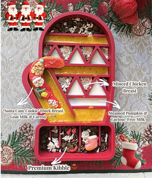 DIY Golden Mitten Christmas dog feast with pumpkin soup in silicone glove slow feeder bowl to prevent bloat