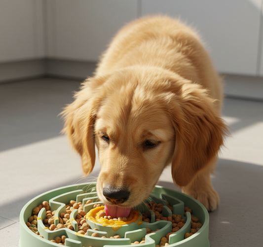 Puppy eating from HRR Dog silicone slow feeder bowl to prevent gulping and bloating