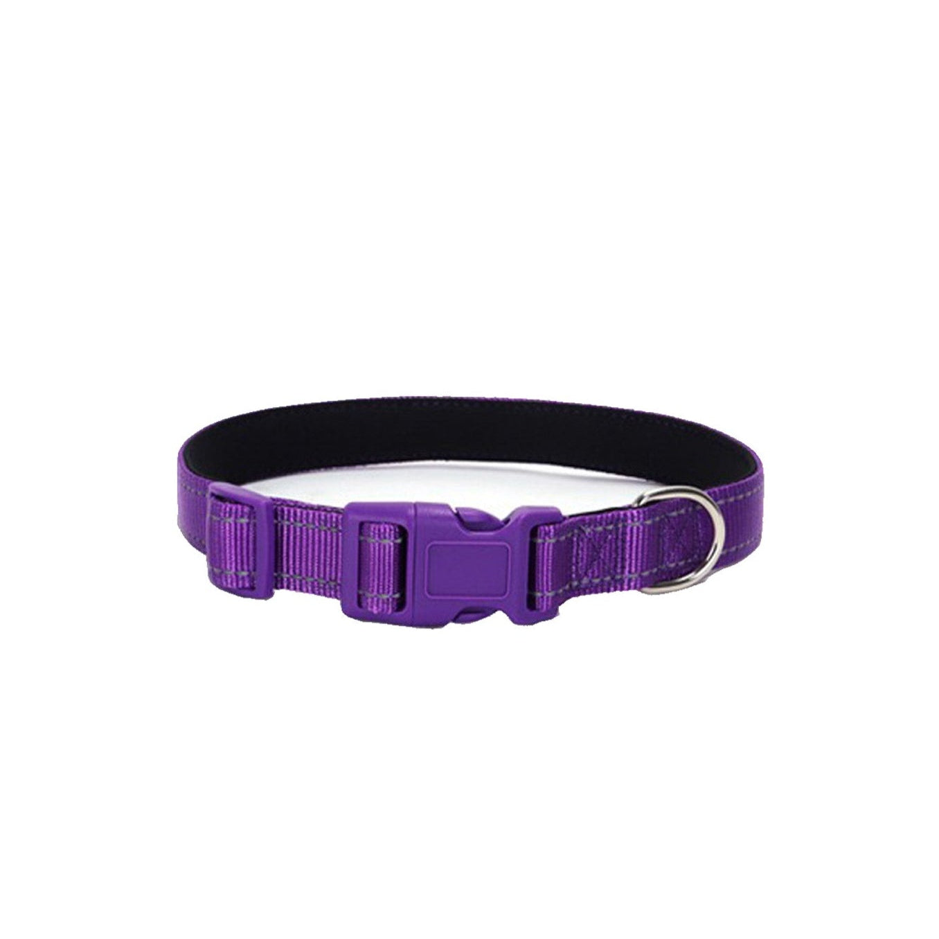 Purple embroidered reflective dog collar with name and phone number, shown on Labrador for fit and comfort display