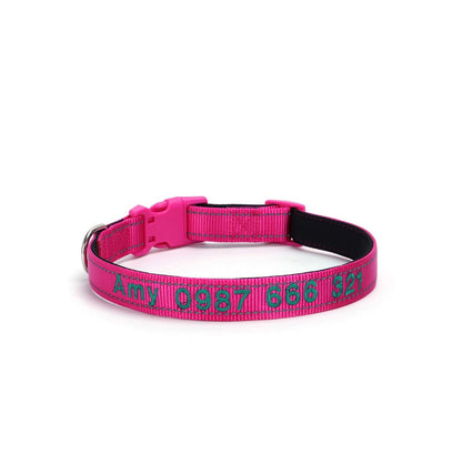 Reflective embroidered dog collar in Rose red ，featuring name and contact number stitching
