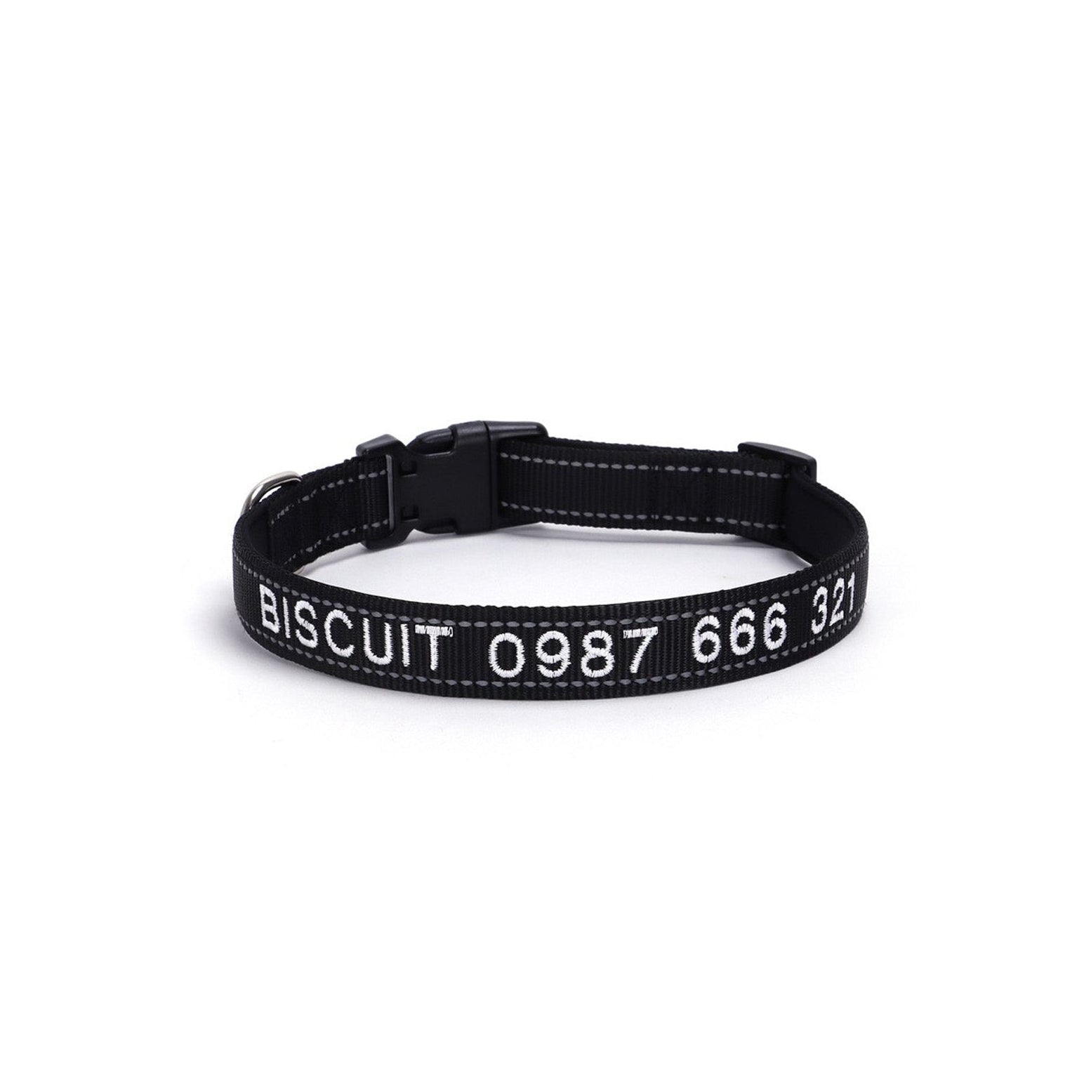 Embroidered reflective dog collar in black with customized name embroidery for pets