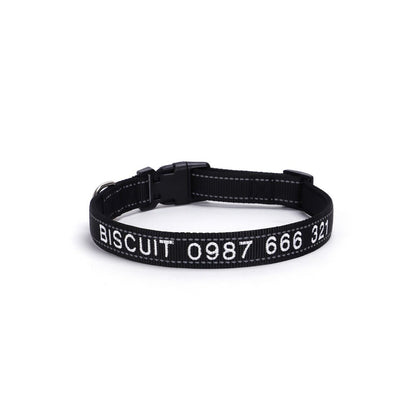 Embroidered reflective dog collar in black with customized name embroidery for pets