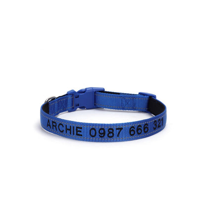 Embroidered reflective dog collar in blue with waterproof nylon and safety buckle