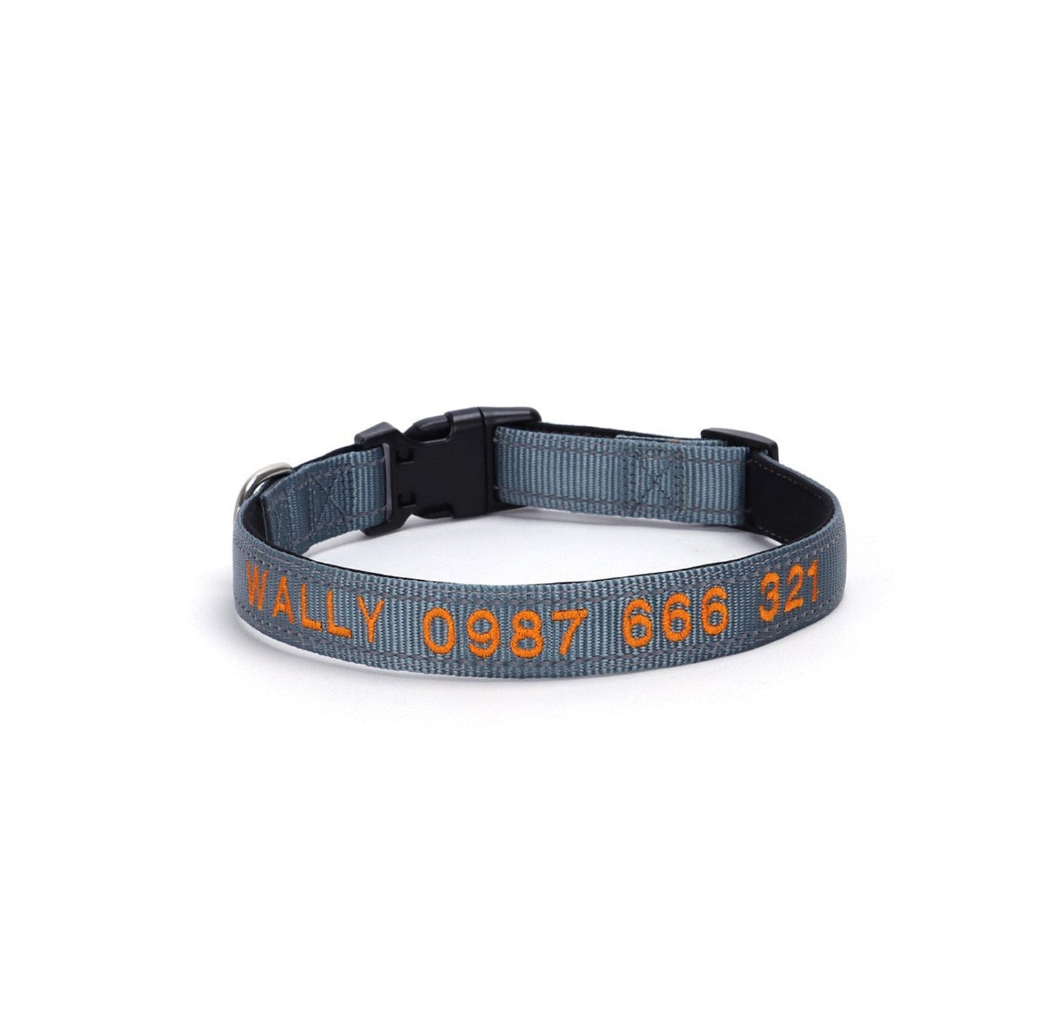 Personalized embroidered reflective dog collar in gray with durable nylon material