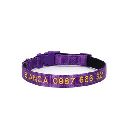 Embroidered reflective dog collar in purpelwith customized name embroidery for pets