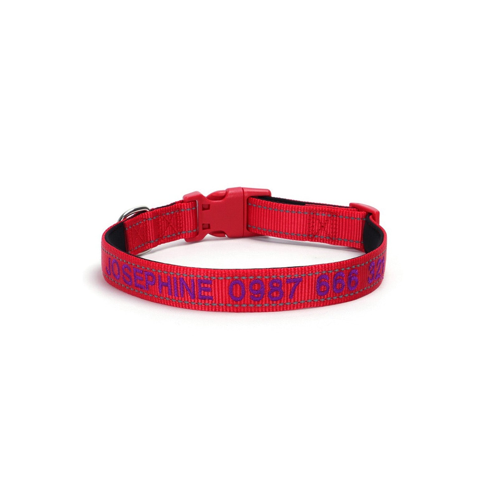 Custom embroidered reflective dog collar in red, waterproof and anti-loss design