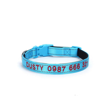 Embroidered reflective dog collar in sky blue with waterproof nylon and safety buckle