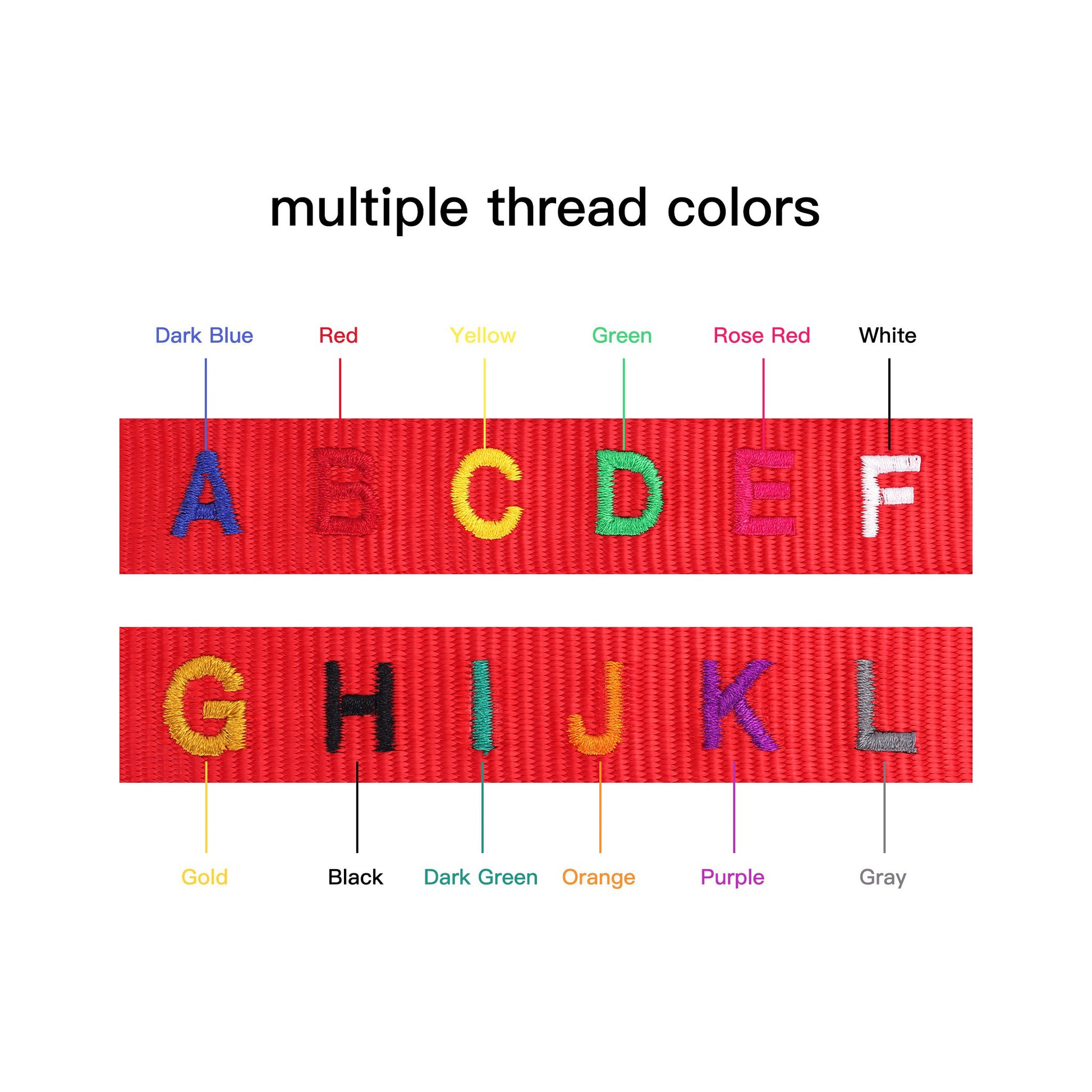 Color chart showing multiple thread options for embroidered dog collars, including dark blue, red, yellow, green, rose red, white, gold, black, orange, purple, and gray
