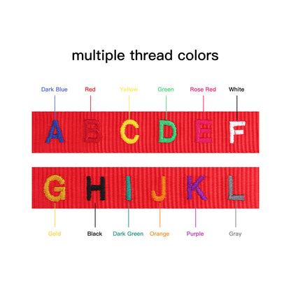 Color chart showing multiple thread options for embroidered dog collars, including dark blue, red, yellow, green, rose red, white, gold, black, orange, purple, and gray