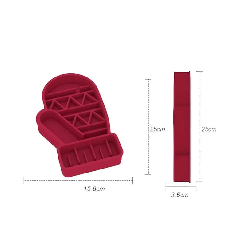 ​Product dimensions infographic for the deep red Christmas Glove slow feeder bowl, showing a length of 15.6cm, height of 25cm, and thickness of 3.6cm.​