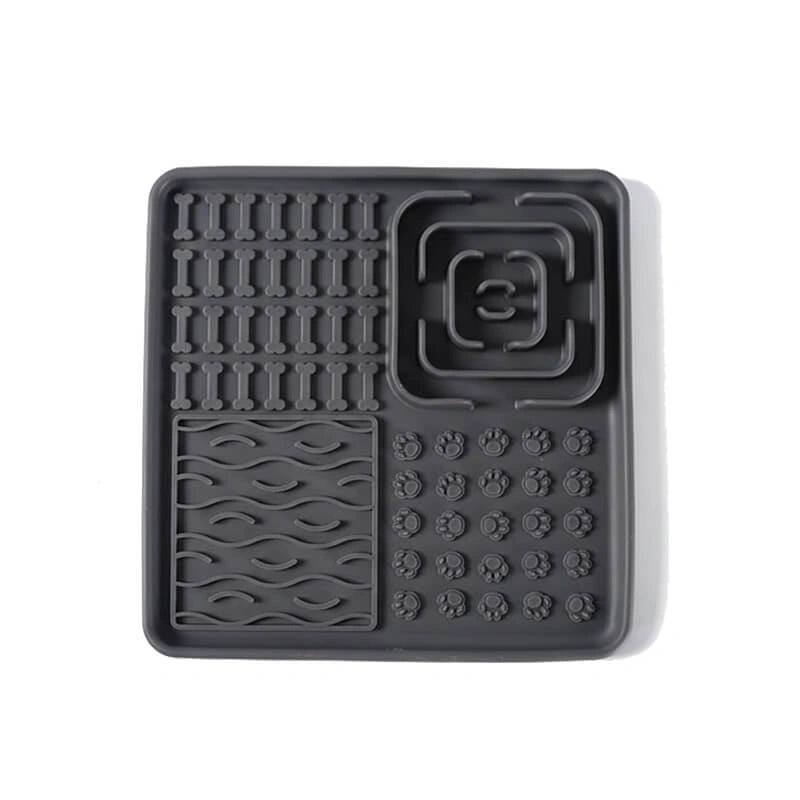 Gray slow feeder lick mat with a seamless surface, designed for effortless cleaning and dishwasher safety.