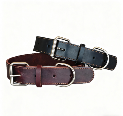 Black and brown wide leather dog collars with metal buckles and reinforced stitching, perfect for large breeds
