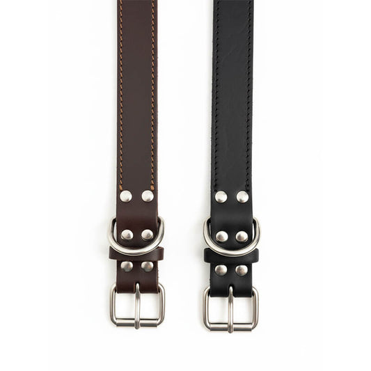Brown wide leather dog collars with metal buckles and reinforced stitching, perfect for large breeds