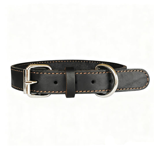Wide leather dog collars in black with premium metal buckles and strong stitching