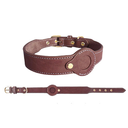 Brown leather dog collar with built-in AirTag case, full-grain leather material, and durable zinc alloy pin buck