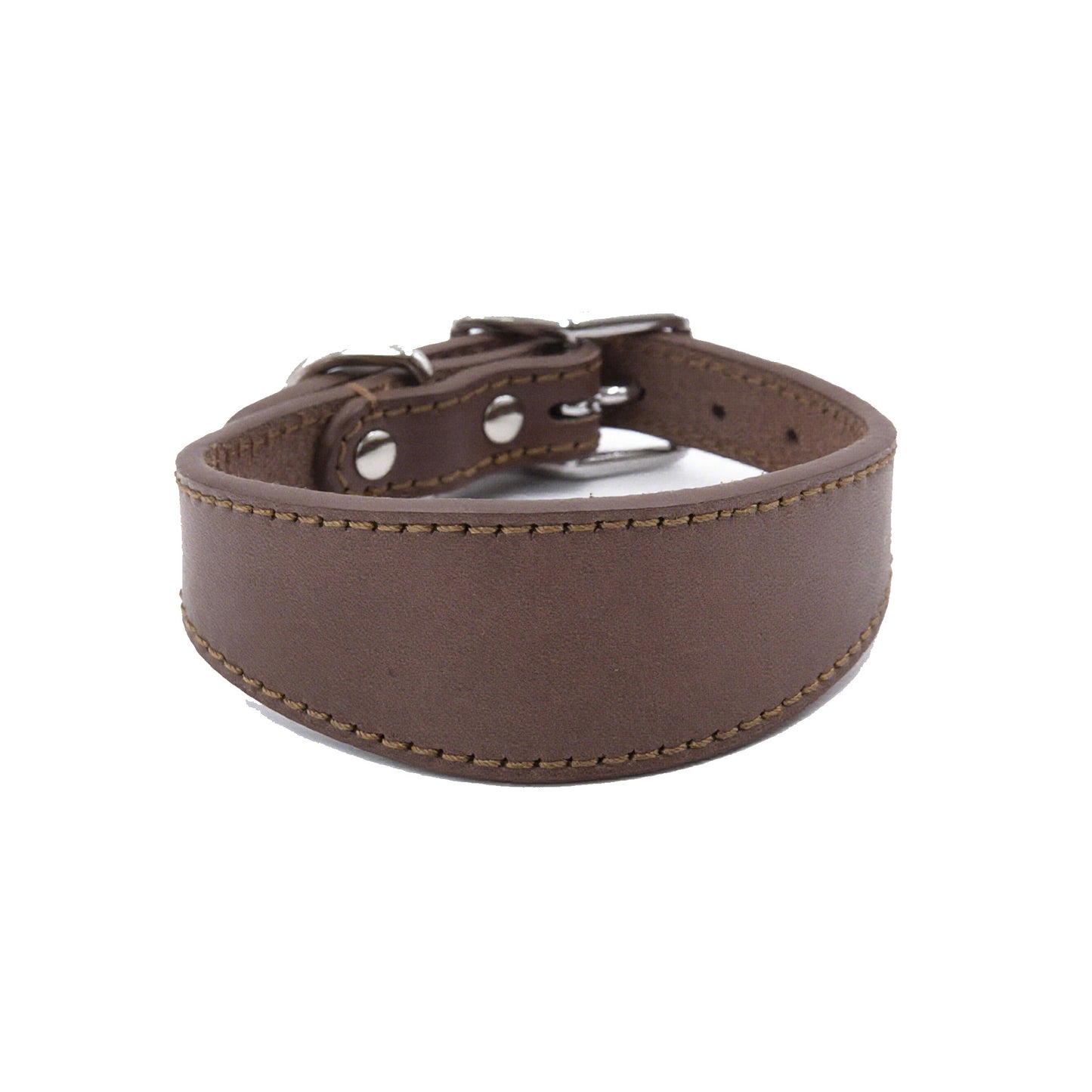 brown wide leather dog collar shown on dog, highlighting comfort and stylish fit