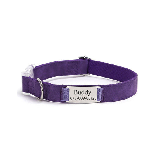 Engraved leather dog collar personalized with name and phone number in purple
