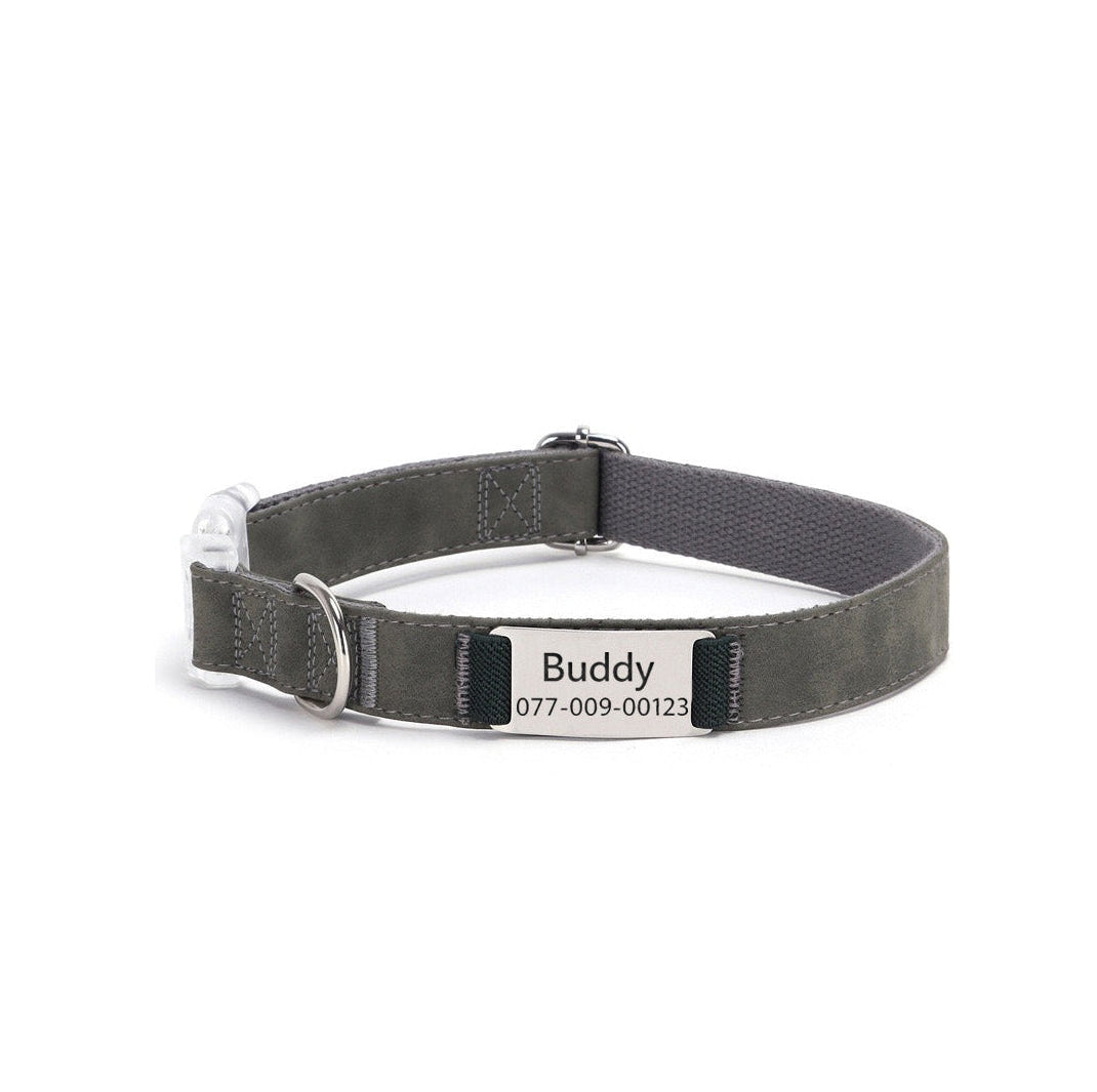 Custom engraved leather dog collar with pet name and contact number in gray