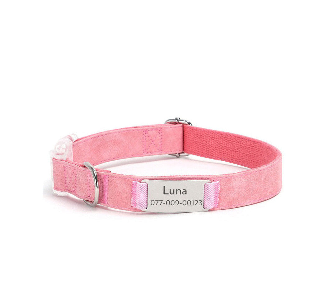 Personalized leather dog collar with engraved name tag and phone number in pink color