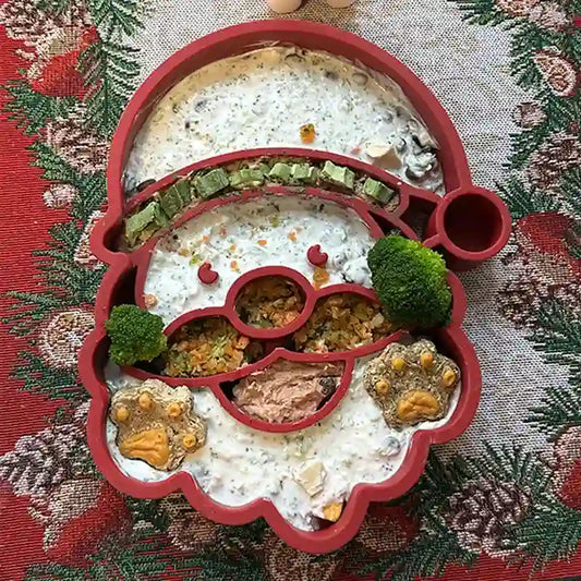​ Dog enjoying a meal from the festive Father Christmas slow feeder bowl under the Christmas tree, combining fun with portion control