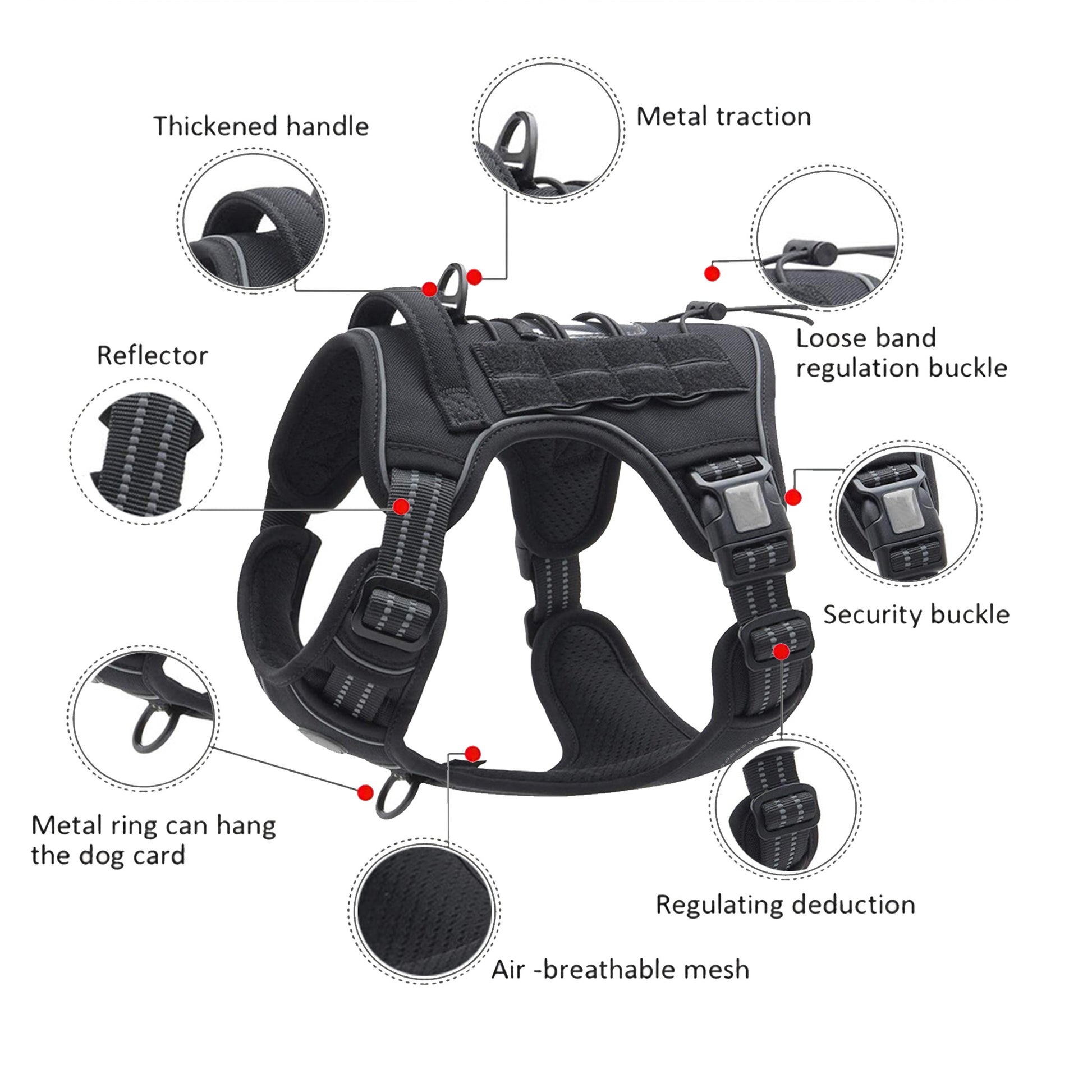 Tactical dog harness for large breeds with escape-proof design, featuring breathable mesh, metal traction ring, and adjustable security buckle