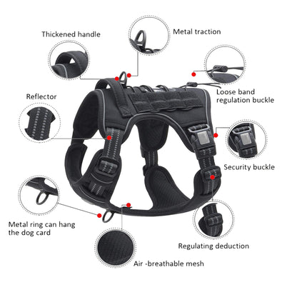 Tactical dog harness for large breeds with escape-proof design, featuring breathable mesh, metal traction ring, and adjustable security buckle