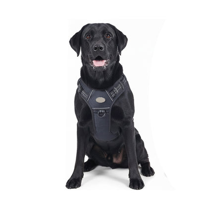 Black escape-proof harness for large dogs, designed with adjustable straps and reinforced stitching for added security