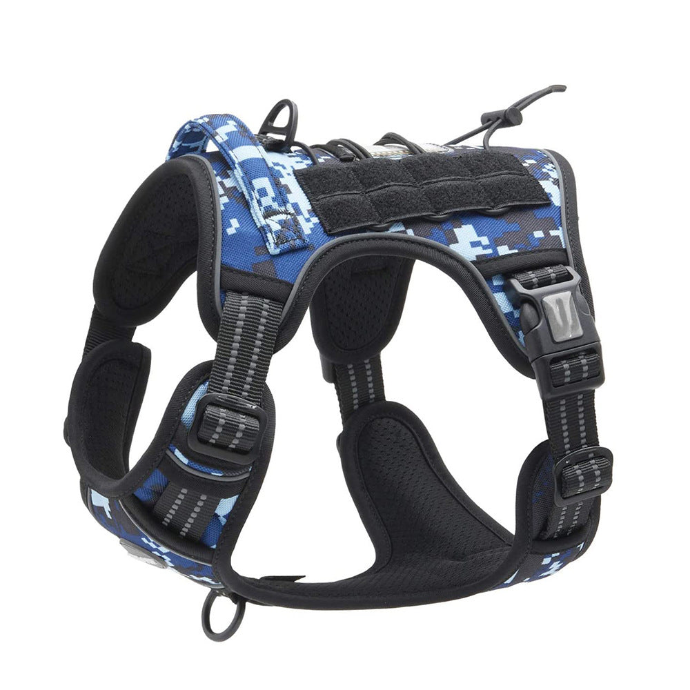 Blue dog harness for large breeds, designed with metal traction ring, adjustable buckles, and reflective elements for outdoor safety