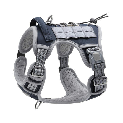 Tactical dog harness for large breeds with escape-proof design, featuring breathable mesh, metal traction ring, and adjustable security buckle-GRAY